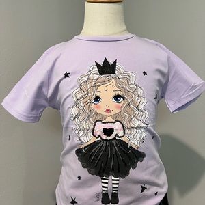 Girls Lilac/Light Purple T Shirt Round Neck With Princess Curly Hair Design